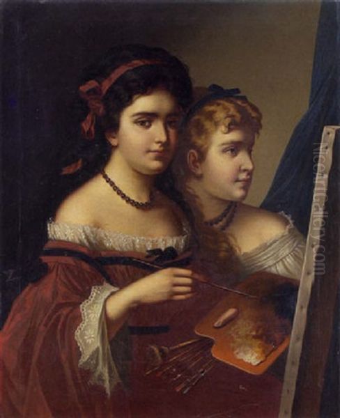 Zwei Kleine Madchen Beim Malen Oil Painting by Marcel Johann von Zadorecki