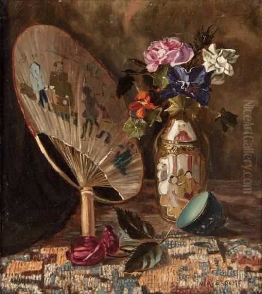 Still Life With Fan And Flowers Oil Painting by Nicholas Alden Brooks