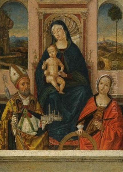 The Madonna And Child Enthroned With Saints Petronius And Catherine Of Alexandria Oil Painting by Bernardino di Bosio Zaganelli