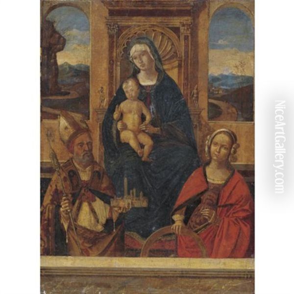 Madonna And Child Enthroned With Saints Petronius (?) And Catherine Of Alexandria Oil Painting by Bernardino di Bosio Zaganelli