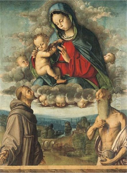 The Madonna And Child Appearing To Saints Francis Of Assisi And Jerome Oil Painting by Francesco Zaganelli