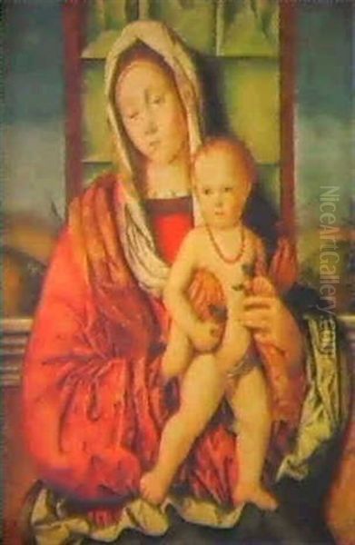 The Madonna And Child Before A Parapet And A Canopy, A      Landscape Beyond Oil Painting by Francesco Zaganelli