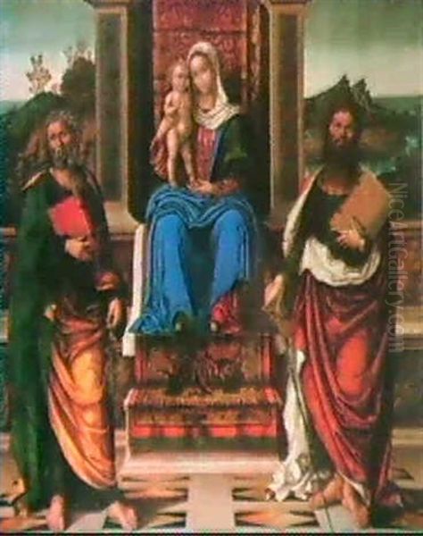 The Madonna And Child Enthroned With Saints Peter           And Paul Oil Painting by Francesco Zaganelli