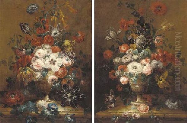 Roses, Peonies, Carnations And Other Flowers In A Gilt Urn On A Ledge Oil Painting by Johann Zagelmann