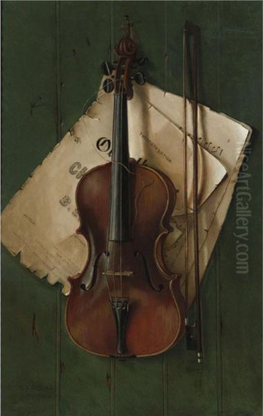 Still Life With Violin, Bow And Sheet Music Oil Painting by Nicholas Alden Brooks