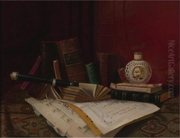 Still Life With Books, Clarinet And Music Oil Painting by Nicholas Alden Brooks