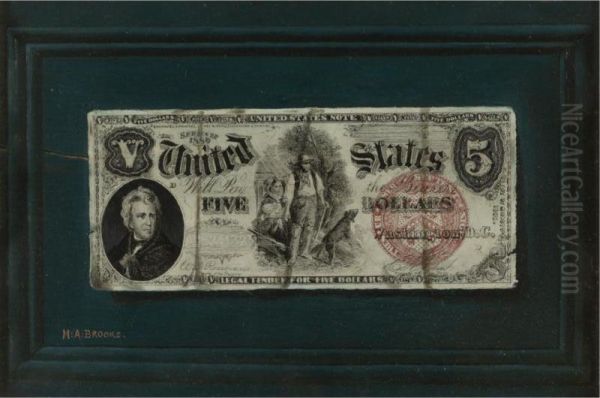 Five Dollar Bill On A Blue Molded Panel Oil Painting by Nicholas Alden Brooks