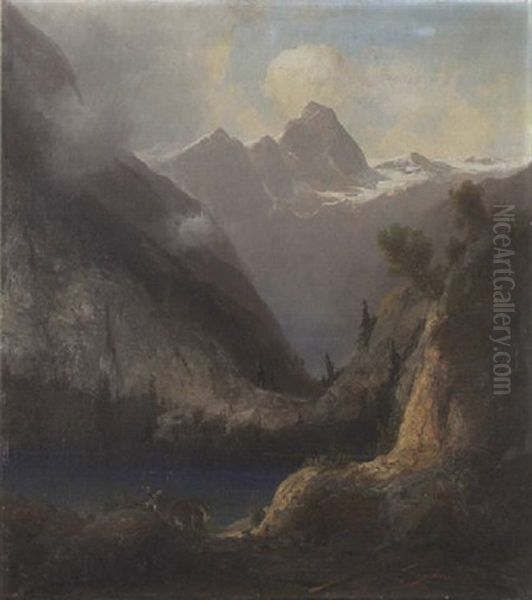 Gebirgssee Mit Hirsch Oil Painting by Friedrich Zahn