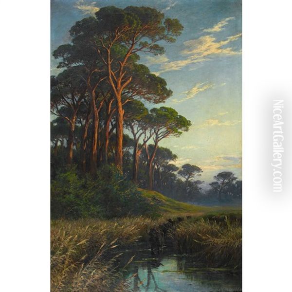 Sudlicher Waldrand Mit Buffelherde Im Bach Oil Painting by Johann Zahnd