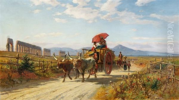 Landleute Auf Einem Ochsenfuhrwerk In Der Romischen Campagna Oil Painting by Johann Zahnd