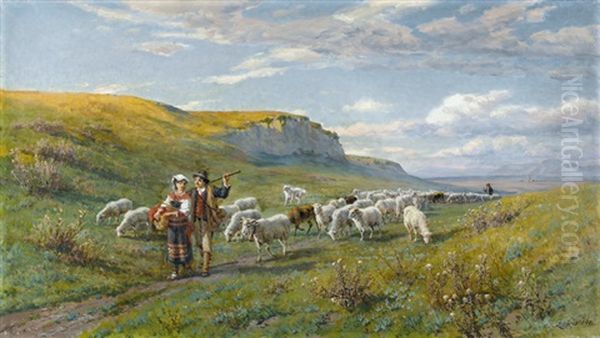 Schaferpaar Mit Herde In Der Romischen Campagna Oil Painting by Johann Zahnd