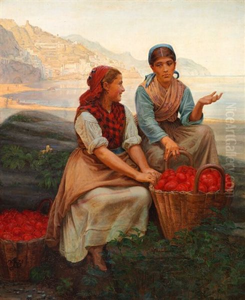 Fruit Sellers At The Amalfi Coast Oil Painting by P.H. Kristian Zahrtmann