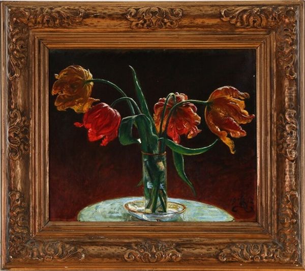 A Glass With Four Tulips Oil Painting by P.H. Kristian Zahrtmann