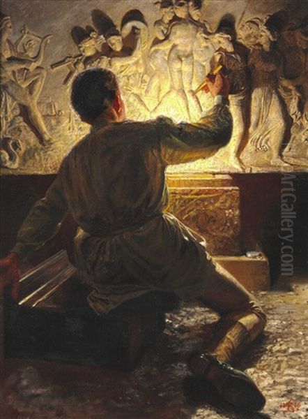 A Roman Plasterer Oil Painting by P.H. Kristian Zahrtmann