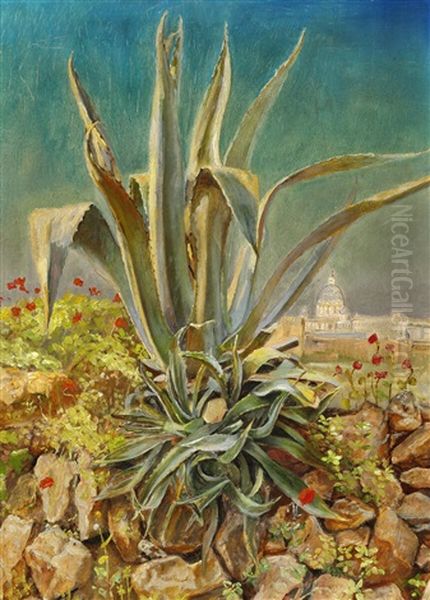 An Agave On A Stone Wall, In The Background St. Peter's Basilica Oil Painting by P.H. Kristian Zahrtmann