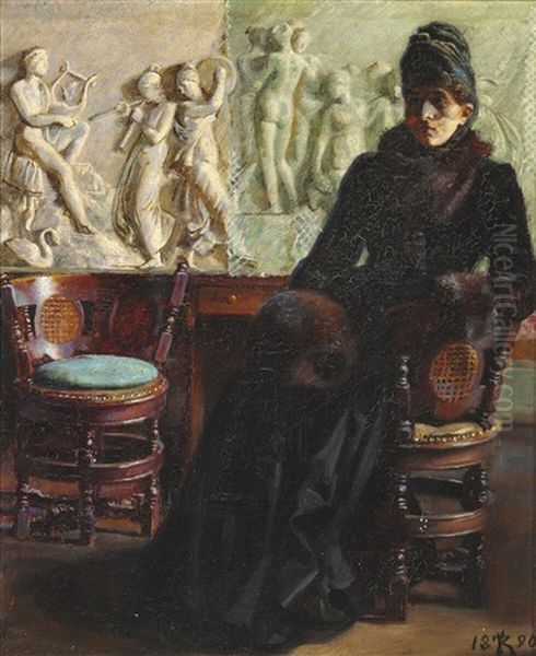 Interior With A Sitting Lady Dressed In Black Oil Painting by P.H. Kristian Zahrtmann