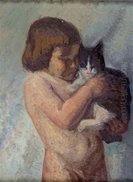 Kind Mit Katze Oil Painting by Emmanuel Zairis