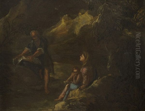 Die Heilige Familie Mit Esel In Berglandschaft Oil Painting by Giuseppe Zais