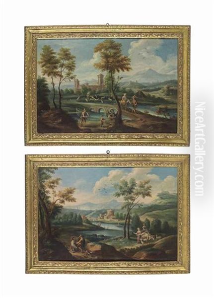 A Wooded River Landscape With Travellers On A Path, A Fortified Town Beyond; And A Wooded River Landscape With Fishermen And Sheep Watering By A Bridge, A Fortified Town Beyond (pair) Oil Painting by Giuseppe Zais