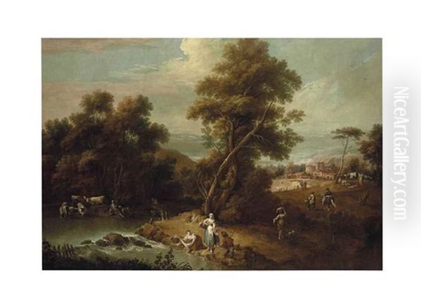 Paysage Champetre Avec Lavandieres Oil Painting by Giuseppe Zais