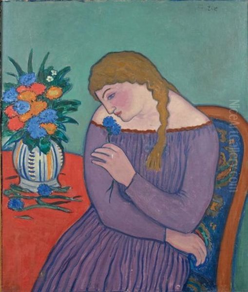 Jeune Fille Assise Devant Un Bouquet Oil Painting by Eugene Zak