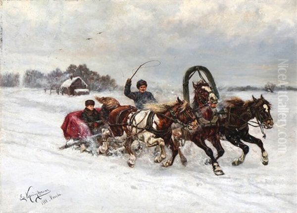 Troika Driving At Winter Time, Russia Oil Painting by Ekatarina Krasnunushkin Zakharovna