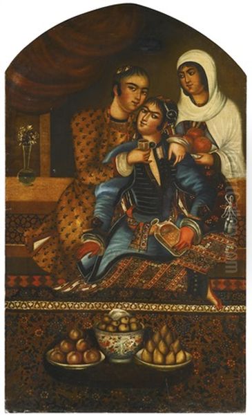 A Romantic Couple With Attendant Oil Painting by Muhammad Zaman III