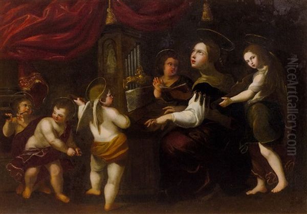 Saint Cecilia Surrounded By Angels Playing Music Oil Painting by Domenico Zampieri (Il Domenichino)