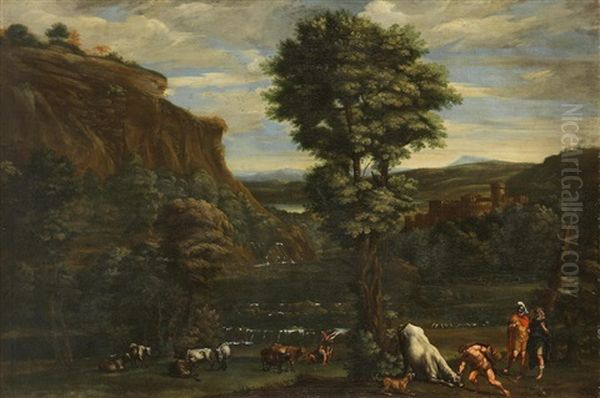 Hercules Fighting Achelous Changed Into A Bull, In A Landscape Oil Painting by Domenico Zampieri (Il Domenichino)