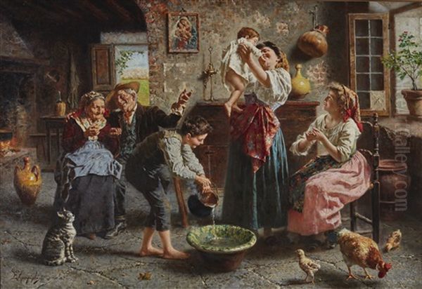 The Baby's Bath Oil Painting by Eugenio Zampighi