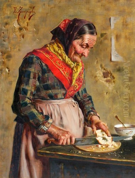 A Frugal Meal Oil Painting by Eugenio Zampighi