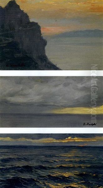 Tre Marine Ed Un Paesaggio (3 Works, 2 Smaller) Oil Painting by Attilio Zanchelli