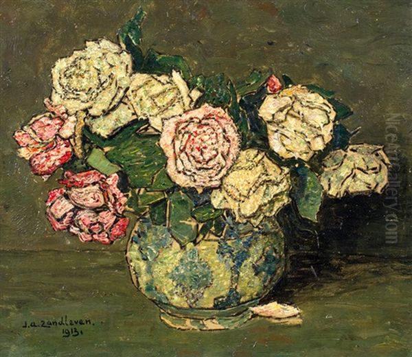 Rozen In Porseleinen Pot Oil Painting by Jan Adam Zandleven