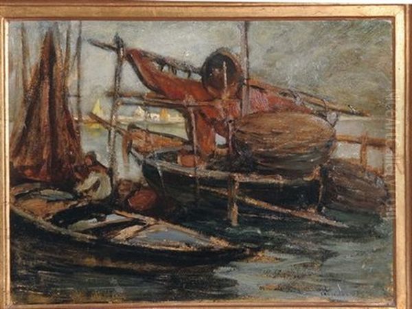 Barche A Venezia Oil Painting by Guiseppe Miti Zanetti