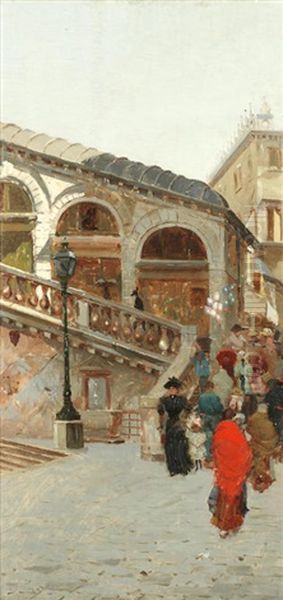 Venetians At The Foot Of The Rialto Bridge Oil Painting by Vettore Zanetti-Zilla