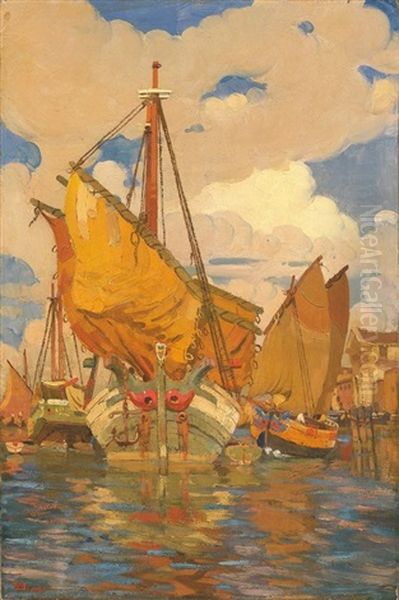 Velieri All'ormeggio, Chioggia Oil Painting by Vettore Zanetti-Zilla