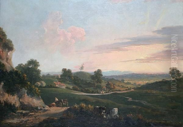 Extensive Country Landscape With Horse Drawncart And Figure On Horseback Oil Painting by William Brooks