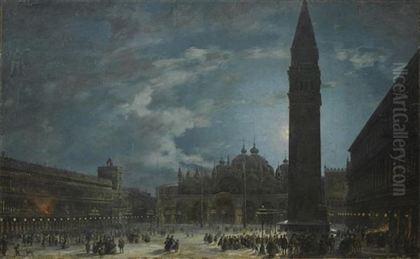 The Piazza San Marco, Venice, In The Early Hours Of The Last Evening Of Carnival, 1865 Oil Painting by Francesco Zanin