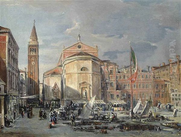 A Venetian Square Oil Painting by Francesco Zanin