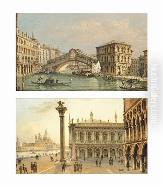 The Rialto Bridge, Venice (+ The Molo, Venice; Pair) Oil Painting by Francesco Zanin