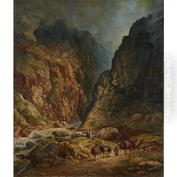 Travellers In A Mountain Pass Oil Painting by Il'ia Nikolaevich Zankovskii