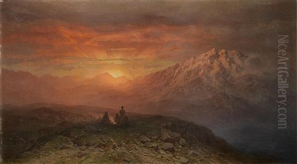 Sunset In The Caucasian Mountains Oil Painting by Il'ia Nikolaevich Zankovskii