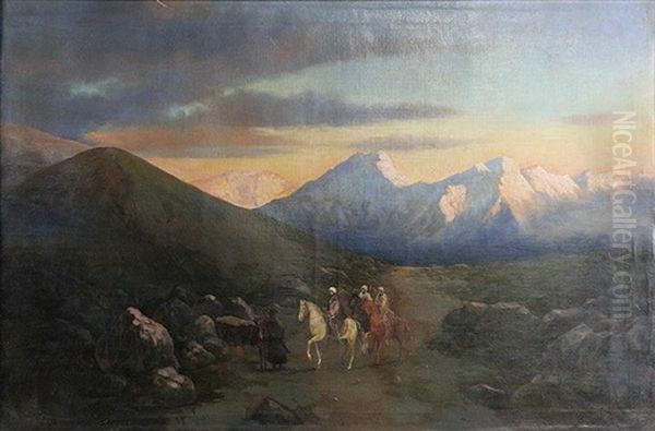 Tribesmen In Mountains Oil Painting by Il'ia Nikolaevich Zankovskii