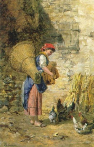 Madchen Mit Hutte Futtert Huhner Oil Painting by Giuseppe Zannoni