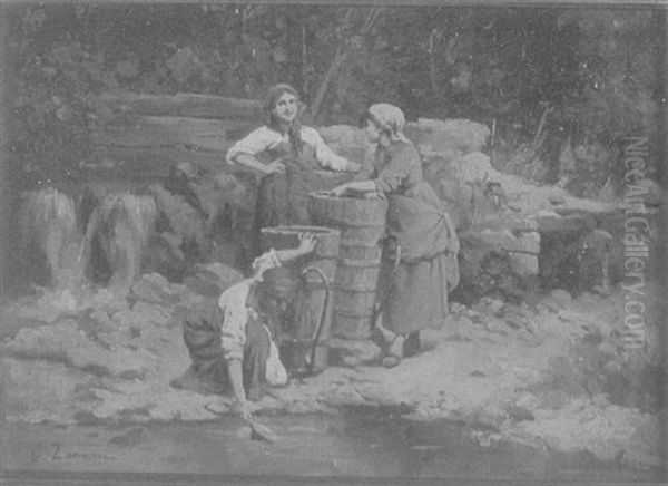 Three Women By A Stream Gathering Water Oil Painting by Giuseppe Zannoni