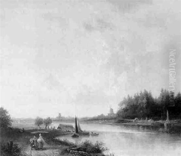 A Panoramic River Scene Oil Painting by Arnoldus Antonius Christianus van't Zant