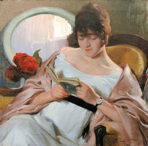 Elegante A La Lecture Oil Painting by Jose Zaragoza