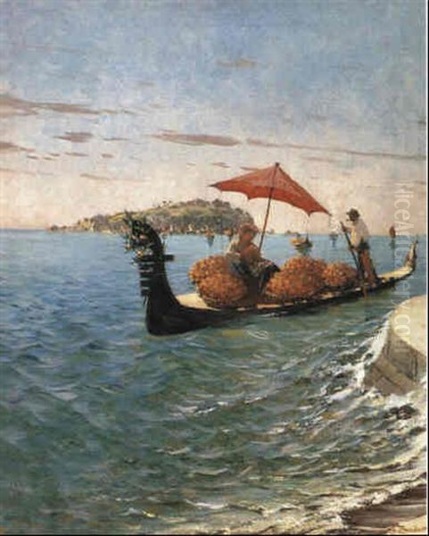 A Gondola Carrying An Orange Seller Oil Painting by Eugen Zardetti