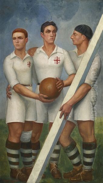 Tres Futbolistas Con Boina Oil Painting by Angel Zarraga