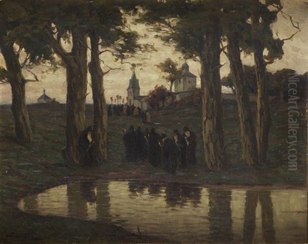 Landscape With Monks Oil Painting by Viktor Ivanovich Zarubin